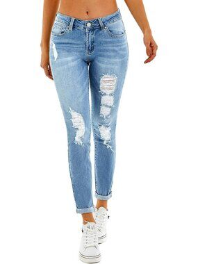 R1008 Women's Size 6 Ripped Boyfriend Jeans - Stretchy Distressed Denim